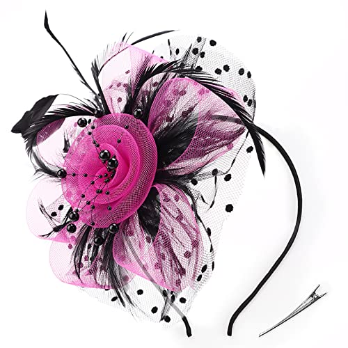 Image of DRESHOW Fascinators Hat Flower Mesh Ribbons Feathers on a Headband and a Clip Tea Party Headwear for Girls and Women