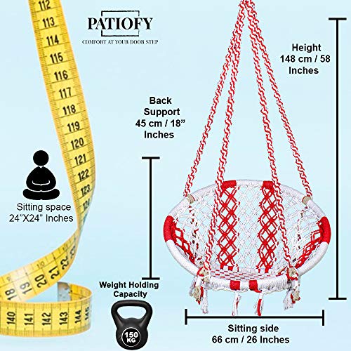 Image of Patiofy Cotton Netted Round Large Swing for Adults /Swing for Balcony /Swing Chair for Adults for Home /Hammock Swing for Adults /Swing Chair Wooden /Without Hanging Kit (120Kgs Weight Capacity White-Red)
