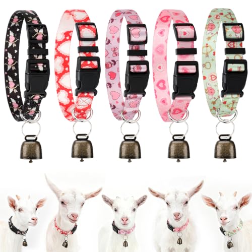 Image of 5 Pack Heart Goat Collars with Bells,Anti-Lost Pet Collar | Adjustable Nylon Collar & Sheep Grazing Copper Bells for Small Farm Animal Sheep Calf Cow Accessories(13.7 inch-20.5 inch)