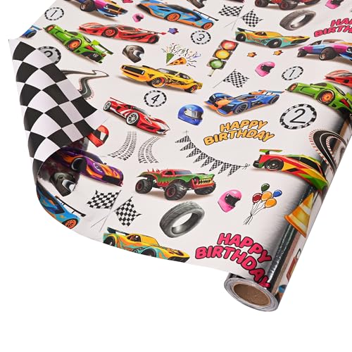 Altarho Foil Race Car Reversible Wrapping Paper Roll - 17 Inch x 16.5 Feet - Luxury Metallic Foil Racing Car with Black White Checkered Flag Design for Birthday Babay Shower Holiday Party