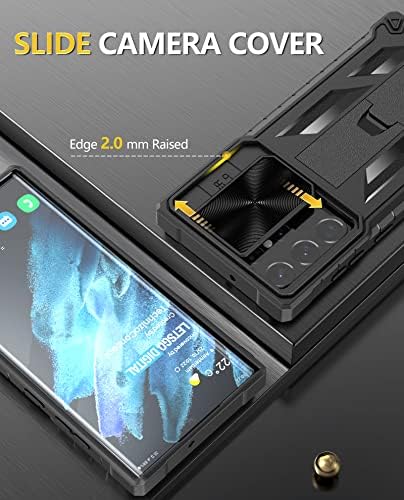 Case for Samsung Galaxy S22 Ultra: Heavy Duty Military Grade Drop Protection Phone Case Shockproof Protective Matte Mobile Cover Rugged Durable Hard Phonecase with Built-in Kickstand and Slide (Black)