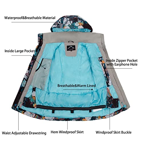 Women's Ski Jacket Snow Coat Waterproof Windproof Snowboard Jacket Insulated Hooded Warm Winter,Flower M #TOP4