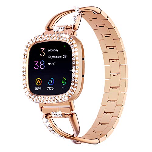 OMEE Metal Band and Case Compatible with Fitbit Sense/Fitbit Versa 3 Watch, Women Girl Bling Stainless Steel Strap with Bling Diamond Bumper Frame Cover Accessories for Fitbit Sense/Versa3 Smartwatch