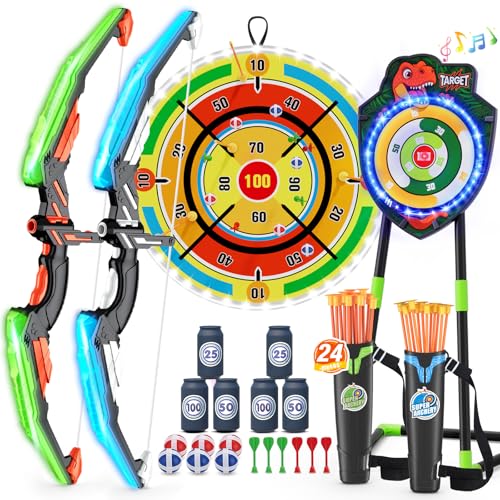 HYES 2 Pack Arc et Flèche avec 29 Lumineux Dart Board, Dinosaure Tir à l'arc avec Flèches à Ventouse, Debout Feuille Cible, Score Cibles, Jouet d'Intérieur et d'Extérieur Cadeaux pour Garçons Filles