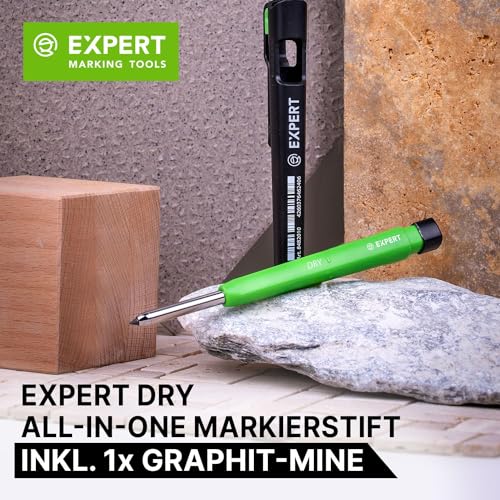 EXPERT DRY All-in-One Markierstifte inkl. Graphitmine | Nachfüllbarer Tieflochmarker mit Minenautomatik | Vielseitig auf Holz, Glas, Metall | Zimmermannsbleistift mit integriertem Spitzer