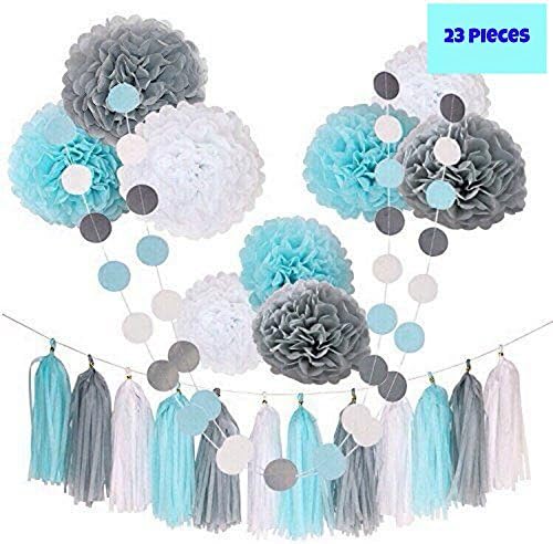 Party Decorations Set - Blue, Grey and White Tissue Pompoms Paper Tassel Garland and Balloons Birthday Decoration Kit - Easy Assembly Decorations Set for Wedding, Bachelorette, Birthday or Engagement