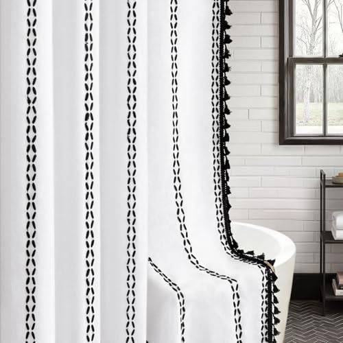 NDDYCU Black and White Boho Shower Curtain Farmhouse Linen Striped Fabric with Tassels 72 X 72