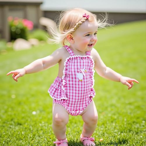 Baby Girl Goose Outfit Romper Farm Animal Gingham Overalls Ruffle Sleeveless Bodysuit Infant Summer Clothes2