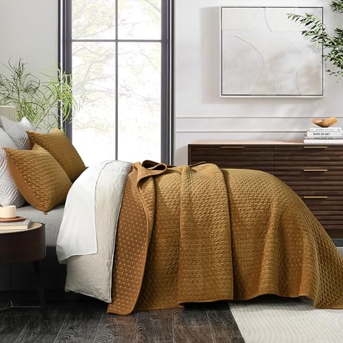 Image of Grassix Velvet Quilt Set Queen Size, Luxury Cross Stitch, Gold Caramel