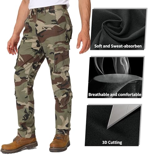 Men's Cotton Cargo Tactical Pants for Casual Work Travel Wild Streetwear with 9 Pockets Relaxed Fit No Belt 5