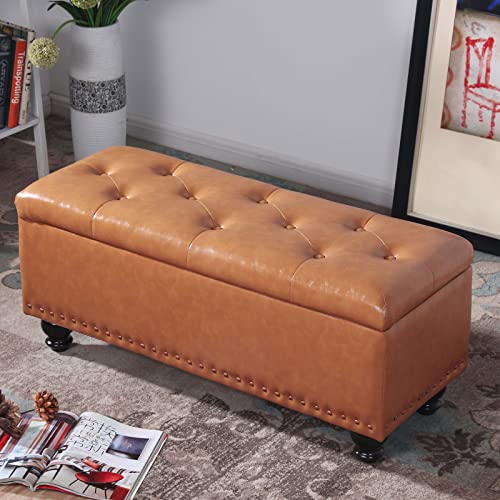 Banc de rangement ottoman marron clair en cuir capitonné de 40 cm pour salon