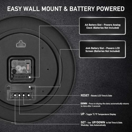 Image of STAR WORK Silent Non-Ticking Wall Clock 12 inch Inch Analog Clock & LCD Display | Calendar Date, Day, Temperature, Operated Decorative Clock for Living Room, Kitchen, Bedroom,Office (White Brown Digital)