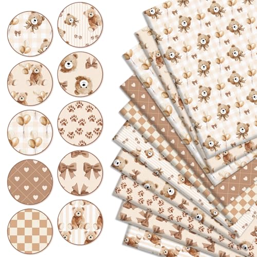 JarThenaAMCS 10Pcs Brown Bear Cotton Fabric Bundles Cute Bear Bowknot Balloon Fat Quarters Baby Shower Quilting Patchwork for DIY Sewing Craft Decor, 18 x 22 Inch by JarThenaAMCS - Used condition - Image 3