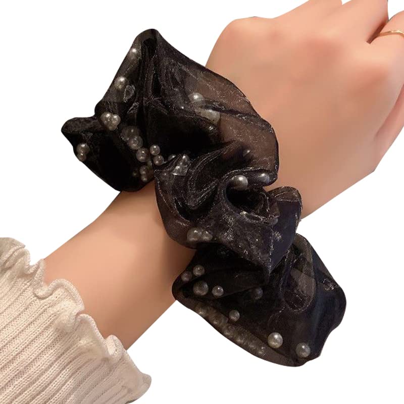 Miniatura 2 de 4 coleteros de malla con encaje de perlas blancas o negras brillantes para el cabello, bandas elásticas para coleta de caballo para el cabello,