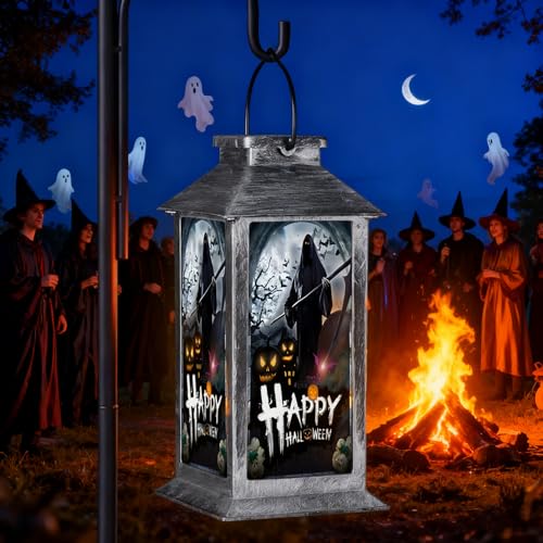Halloween Solar Lantern Light Outdoor - Vintage Flameless LED Lanterns with Auto On/Off, Waterproof Outdoor Decor for Porch, Cemetery, Pathway, Halloween Decor-Ghost