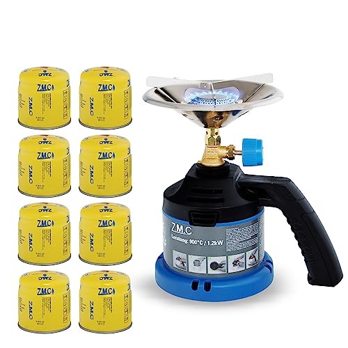 Z.M.C Campingkocher + 8 Gaskartuschen 190g, Gaskocher mit Griff für Camping, Kohleanzünder Outdoor, Kartuschenkocher für Stechkartusche, Kleiner Gasgrill