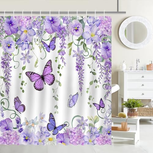 Mocsicka Purple Butterfly Shower Curtain Spring Purple Floral Butterfly Bathroom Shower Curtain Nature Garden Plant Waterproof Fabric Shower Curtain Bathtub Decor with 12 Hooks 72 X 72 InchesPurple