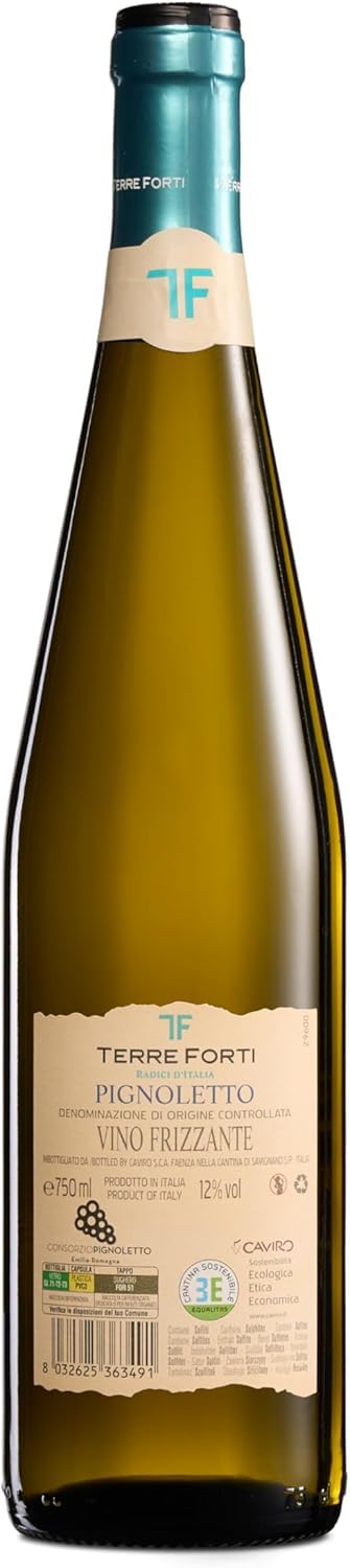 Terre Forti Pignoletto DOC, Frischer und Fruchtiger, Weißer Italienischer Perlwein, 12% Vol., Karton mit 6 Flaschen mit jeweils 750 ml