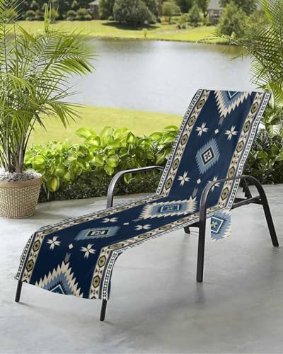 Navy Blue Southwestern Beach Chair Towel Covers for Chaise Lounge with Side Pocket, Soft Plush Pool Towels Cover for Patio Sunbathing Outdoor Rustic Tribal Ethnic Classic Multi Geometric 29''x85''