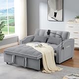Antetek Sleeper Sofa Couch Bed with USB & Type C Port, Modern 3-in-1 Convertible Velvet Pull Out Loveseat Futon Sofa w/Phone Holder for Living Room Apartment, Adjustable Backrest, Light Grey