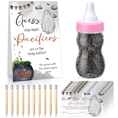 Image of Roowest 512 Pcs Baby Shower Games Guess How Many Pacifiers Sign 100 Small Guessing Games 10 HB Pencils 750ml Milk Bottle 400 Acrylic Pacifiers Decoration for Guest Gender Reveal (Pink,Halloween)