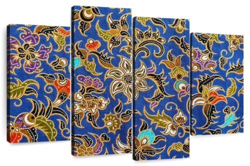 Elephant Stock - Traditional Indonesian Batik Wall Art - Horizontal Multi Panel Canvas - 4 Piece Living Room Wall Decor - Digital Art Floral And Botanical Multi Piece Wall Art - Beige And Gray Decor - 24" x 14"