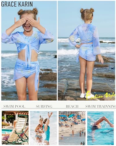 Image of GRACE KARIN Girls Bathing Suit Adjustable Taniki Swimsuit Tie Front 4 Piece Bikini Set with Kimono Cover Up 6-14