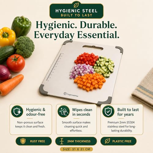 Image of Organizemee Steel Chopping Board Medium 31.8x21cm, Stainless Steel Cutting Board for Kitchen Use, Everyday Rust-Proof Chopping Board with Non-Skid Silicon Corner Pads for Vegetables and Fruit