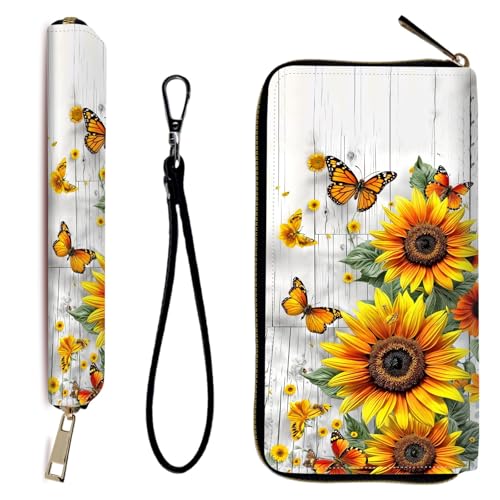 Wallet Women RFID Blocking PU Leather Multi Credit Card Large Capacity Zip Wallet, Ultra Slim Holder Bifold Clutch Coin Travel Purse with Wristlet Wallets for Women Men, Sunflower Butterfly