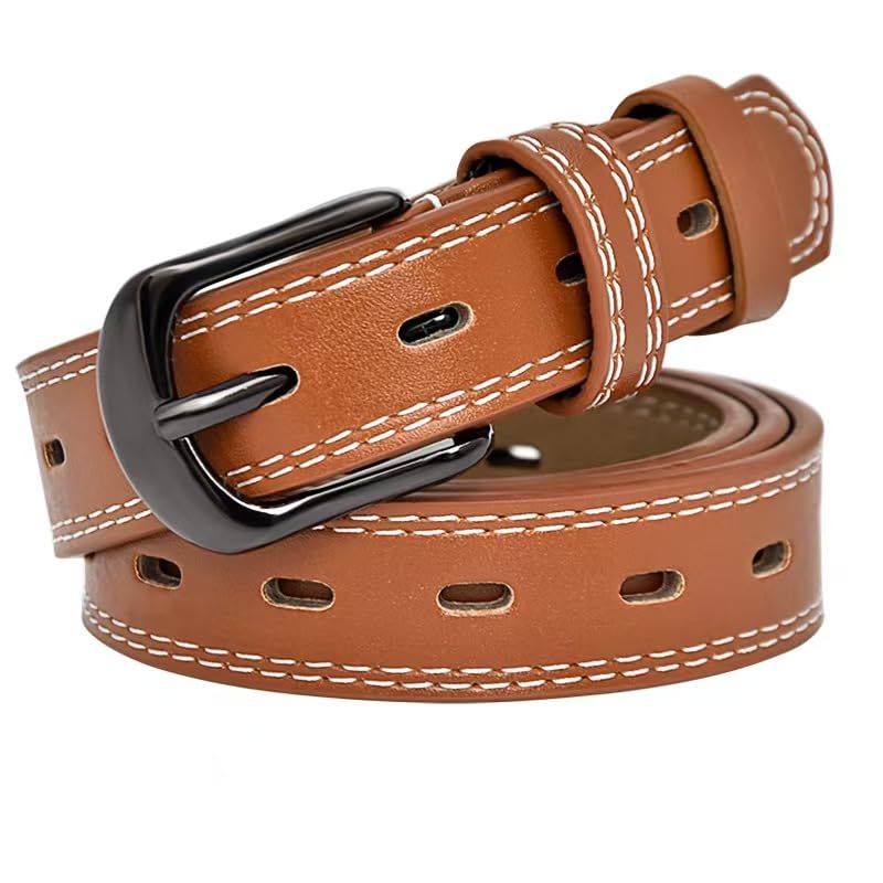 Women's Leather Belt with Contrast Stitching, Brown, Slim Design4