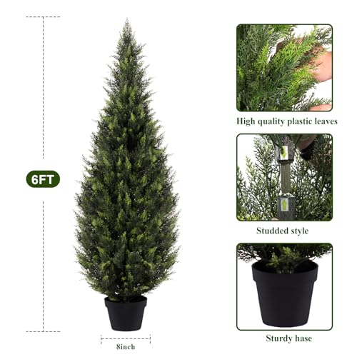 Image of Artificial Cedar Topiary Trees, 6 FT UV Resistant Faux Boxwood Plants,Front Porch Decorations Outdoor,Realistic Evergreen Cypress for Patio Decor Set of 2
