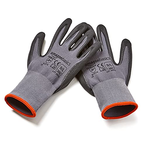 Image of Amazon Basics Micro-Foam Nitrile Coated Safety Work Gloves, Nylon Liner Fiber, Touch Screen Compatible, Grey, Size 9, Large, 6-Pack