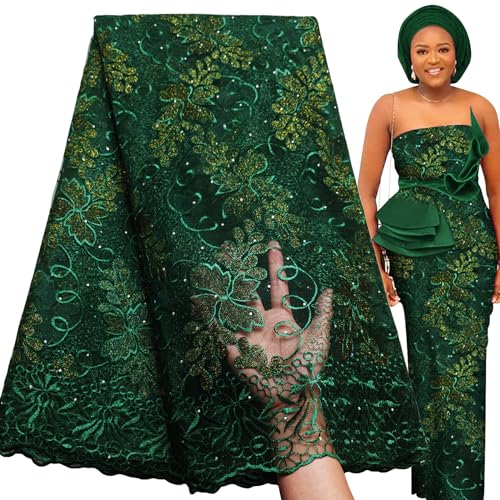 Bestway African Lace Fabric 5 Yards Teal and Gold Rhinestones Embroidery French Tulle Nigerian Wedding Party Dress Sewing Material