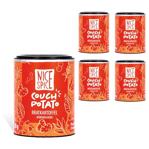 NICE SPICE Couch Potato Spice - Juego de 5 latas (5 x 50 g), perfecto para patatas Bravas y patatas fritas, 10 exquisitos ingredientes incluyendo romero y sal marina, placer para los amantes de las