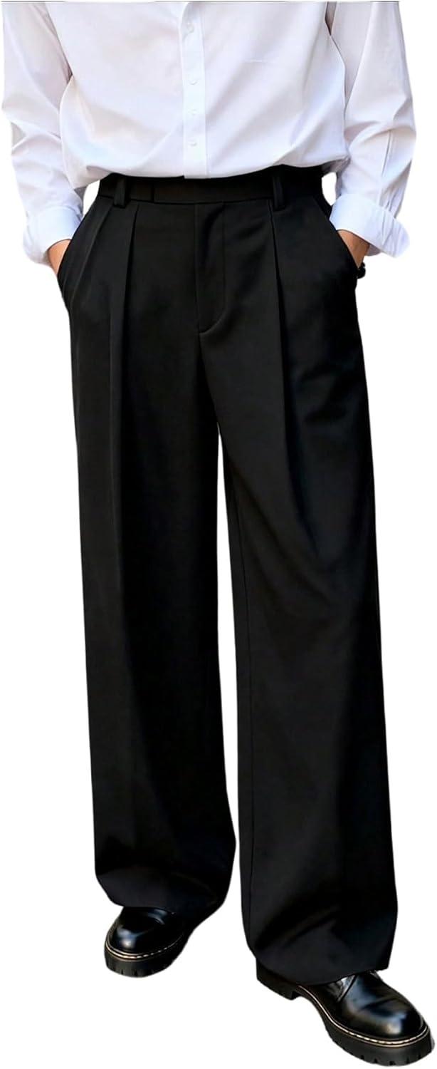 OYOANGLE Men's Pleated Dress Pants Wide Leg Elastic Waist Business Suit Pants with Pockets