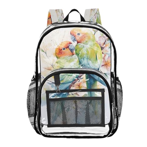 Clear Backpack for School Two Beautiful Parrots Transparent Bookbag for Girls See Through PVC Boy Backpacks