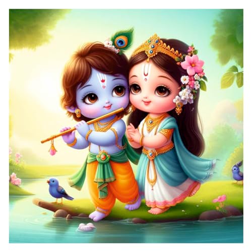 Image of Akki World Bal Radha Krishna With Basuri God Wall Poster For Pooja Room, Kids Room, Offcie (Size - 46Cm X 46Cm)