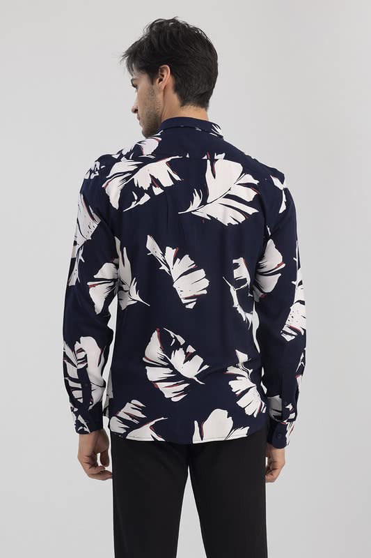 Image of SNITCH Cut Leaf Navy Shirt Rayon Slim Fit Shirt