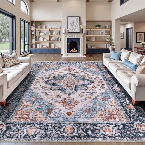SERISSA Washable Rugs 9x12 Area Rugs, Large Non-Slip Blue Orange Living Room Rug, Ultra Soft Boho Vintage Print Distressed Oriental Farmhouse Carpet for Dining Room Bedroom Dorm Office Home Decor