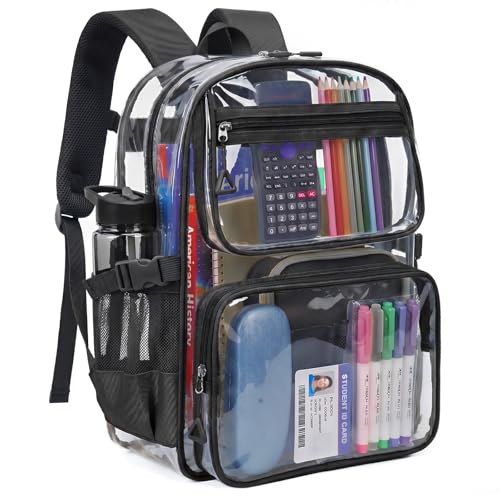 Lullawee Clear Backpack for School, Heavy Duty PVC Transparent Bookbag with Laptop Compartment for Girl Boy, Large Capacity See Through Clear Bag for Stadium Events College Security Travel, Black