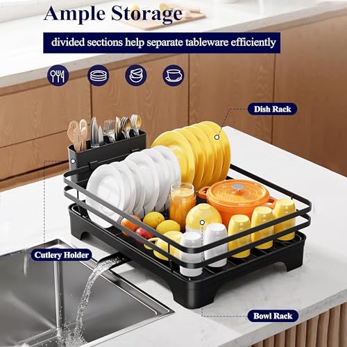 Image of HOMIFLY Utensils Drying Rack /Dish Drying Rack with Drainer Tray /Anti Rust, Smart Drainage System Drainboard with Detachable Cutlery Holder /Kitchen Vessels Organizer & Water Utensils Basket (Black)