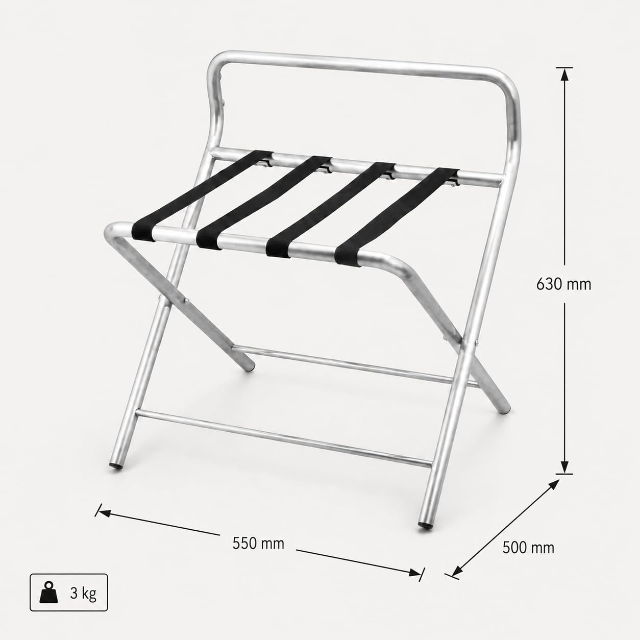 SARO AF 247 Portamaletas, acero inoxidable, plegable, 550 x 500 x 630 mm, 4 bandas textiles, diseño resistente