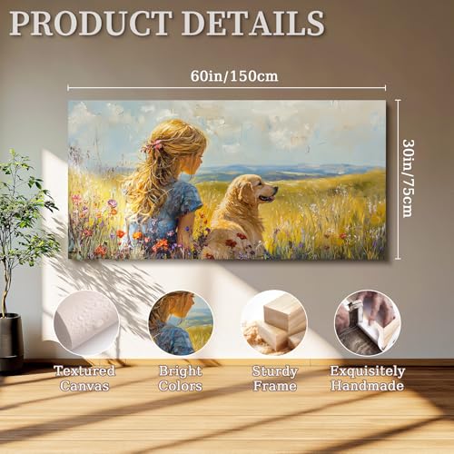 SERIMINO Portrait Animal Extra Large Wall Art, Meadow Landscape Wall Prints, Woman Golden Retriever Dog Canvas Paintings, Rustic Wall Decor Living Room Bedroom Dining Room Farmhouse Cottage 30"X60"