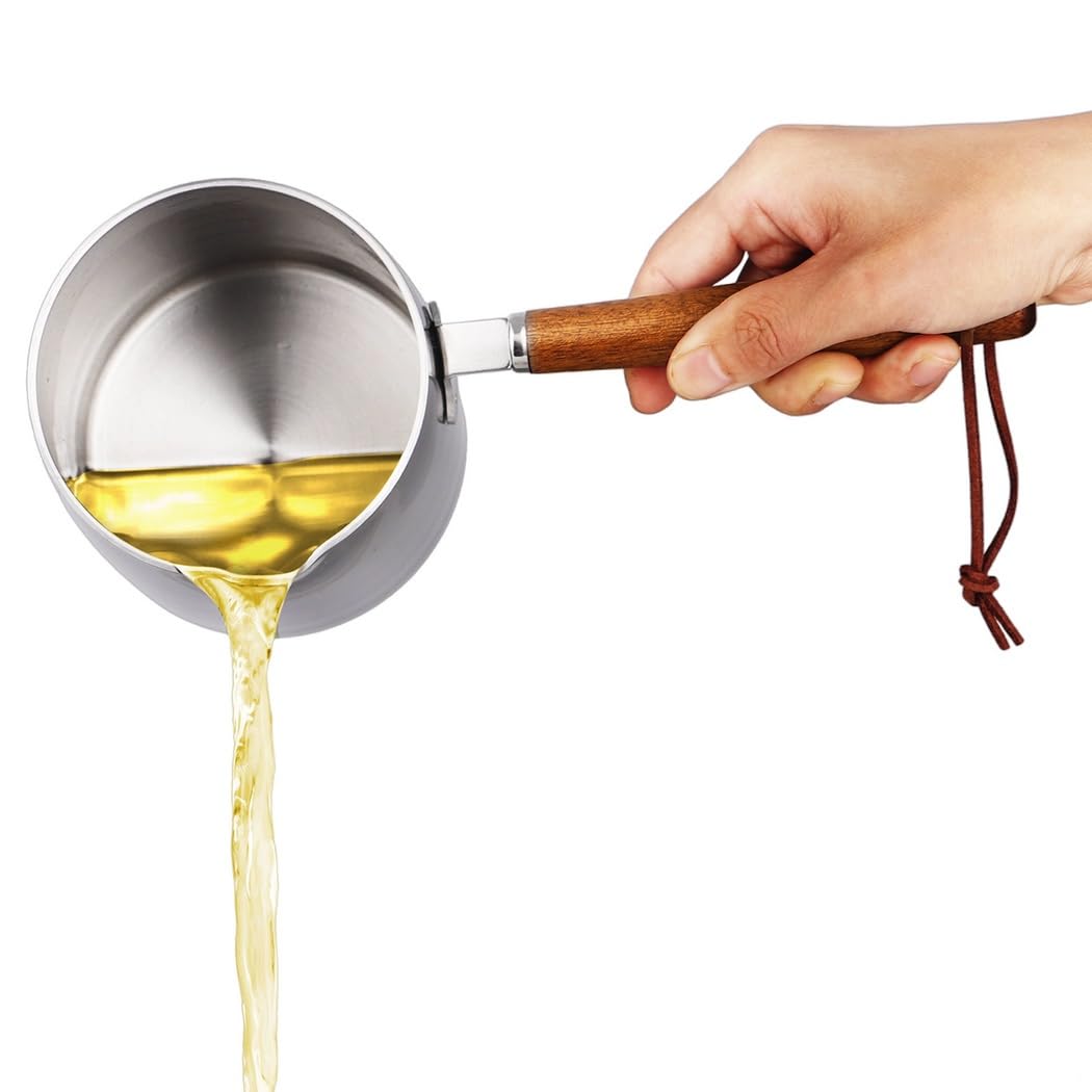 Stainless Steel 700Ml Milk and Butter Warmer Pot with Wooden Handle, Pouring Spout, and Measurement Scale for Cooking & Baking