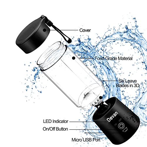 Image of 6 Blade USB Juicer Bottle - Portable Electric Juice Maker Mixer Blender Grinder, Rechargeable Shake Fruit & Vegetable Blender (Black)