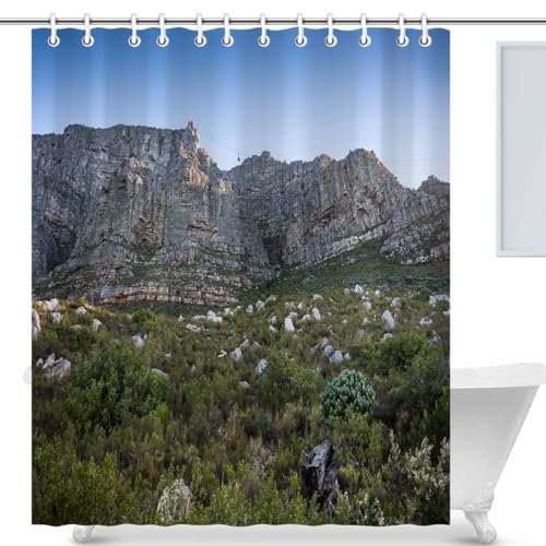 Mountain Waterproof Shower Curtain Set with Hooks Cable Car Going Up Table Mountain in Cape Town Washable Fabric Shower Curtain Bathroom Décor 72x72 Inch