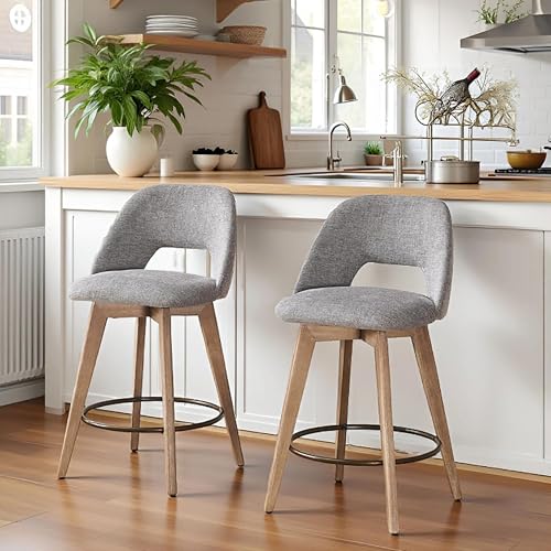 Image of Zesthouse Swivel Counter Height Bar Stools Set of 2, 26 inch Wooden Bar Stools with Back & Weathered Wood Legs, Upholstered Linen Fabric Barstools, Vintage Farmhouse High Chairs for Island Kitchen, Grey
