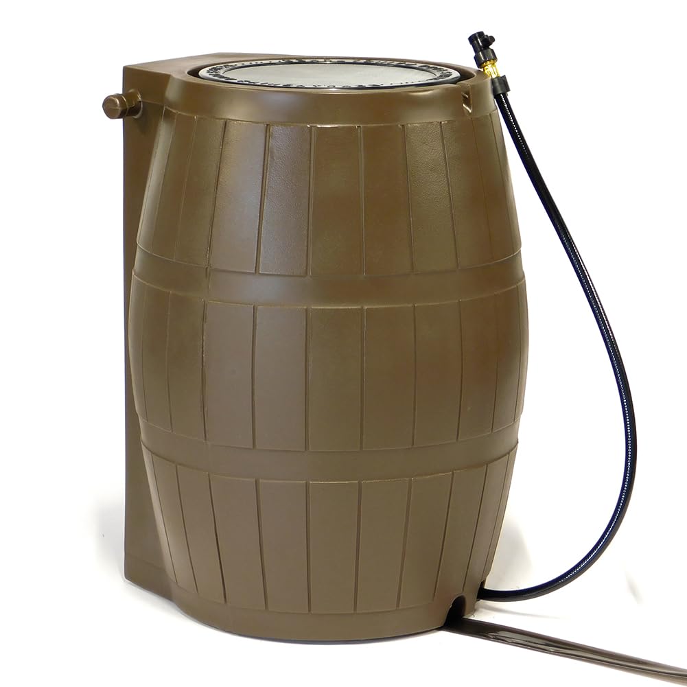 FCMP Outdoor Raincatcher 4000 Rain Barrel, Flat-Back Rainwater Catcher with Spigots, 50 Gallon, Brown - Portable Water Storage Container Tank for Home, Garden, and Backyard