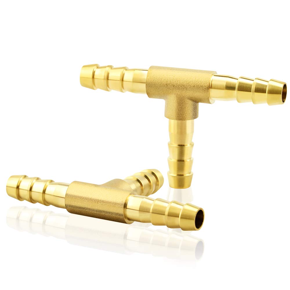 TAILONZ PNEUMATIC Three Way Brass Pipe Fitting Tee T Adapter 1/4" x 1/4" x 1/4" Hose Barb（2Pcs）