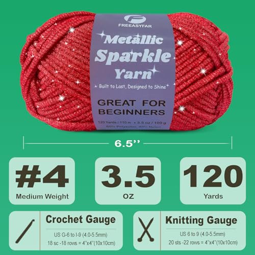 Image of Metallic Sparkle Yarn for Crochet and Knitting with Easy-to-See Stitches, Worsted Weight Medium #4, Beginners Yarn for Amigurumi, Bags, Handmade Gifts, Home Decor (Red, 1 Pack)